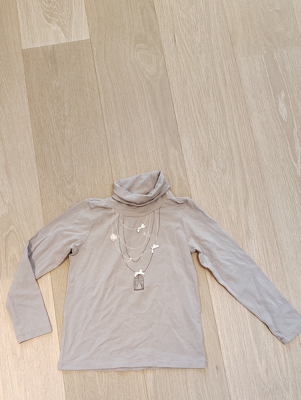 Girls' Long Sleeve Turtleneck Top in Taupe with Bird Necklace Print